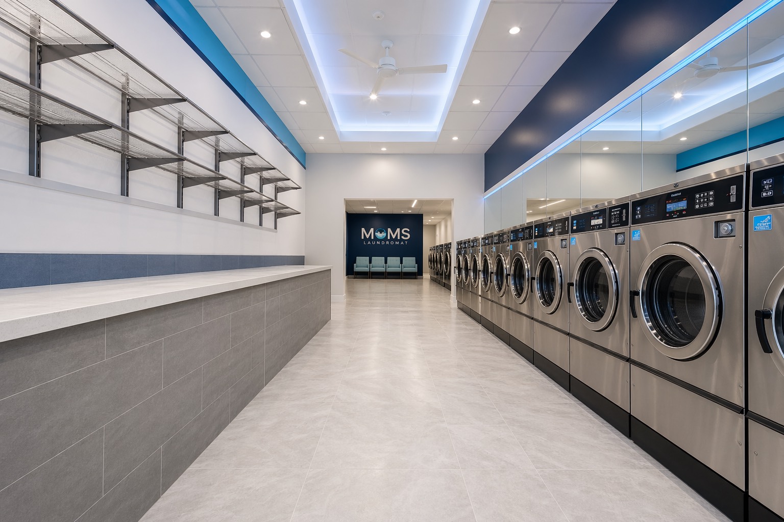 Spacious main aisle with new washers and folding counters at Mom's LaundryMat, a laundromat near Bed-Stuy Brooklyn