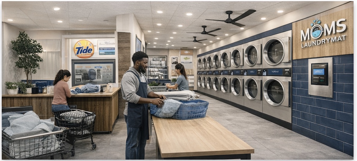 Team member folding clean clothes at the wash and fold counter at Mom's LaundryMat in Brooklyn