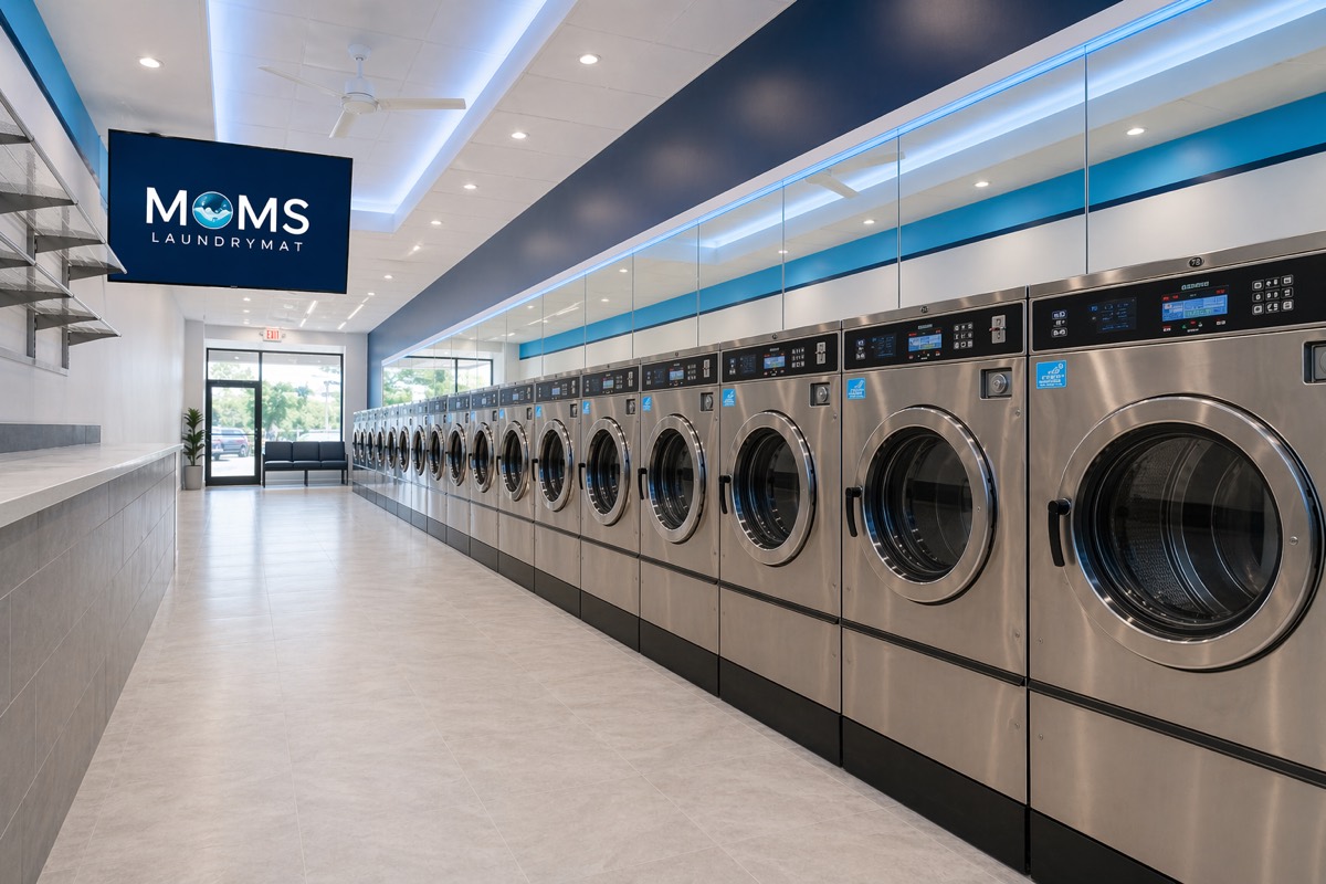 Long row of modern stainless steel self-service washers at Mom's LaundryMat laundromat in Brooklyn